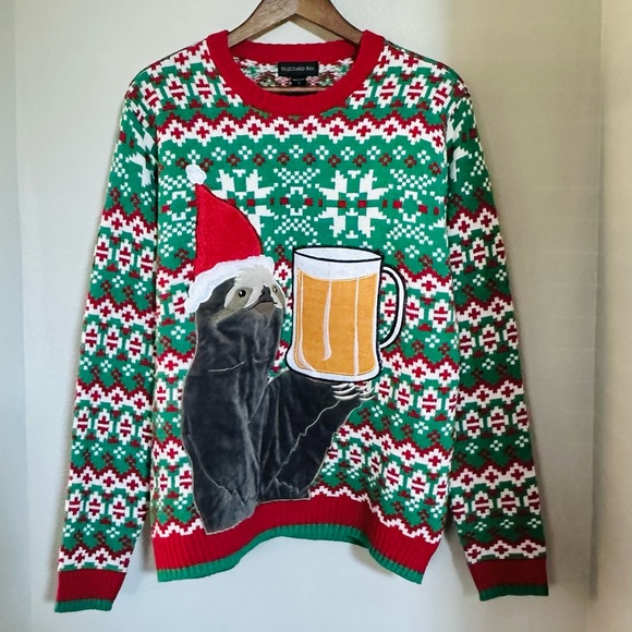BLIZZARD BAY L Ugly Christmas Sweater • Holiday Sloth Beer Mug Pocket Pullover - Picture 3 of 14